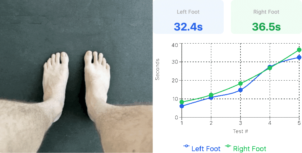 example of app features - a foot .gif with toe splay, and a graph of improvement of single leg balance